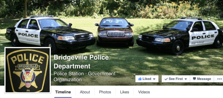 A screencap of the front page of the Bridgeville Police Department Facebook page