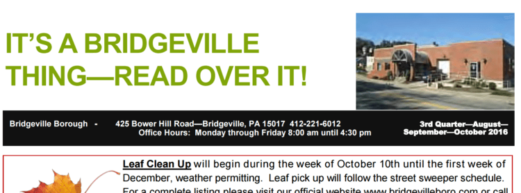 A screencapture of the Bridgeville Borough newsletter