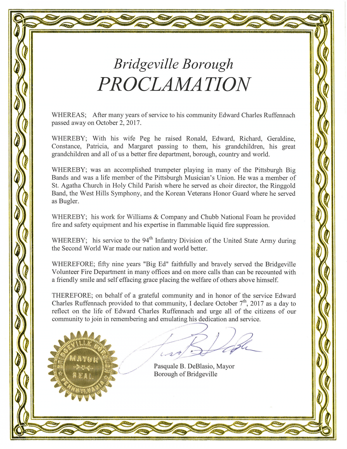 Full text of Bridgeville Mayor Pat DeBlasio's proclamation announcing Oct 7 as a day to honor the memory of Ed Ruffennach