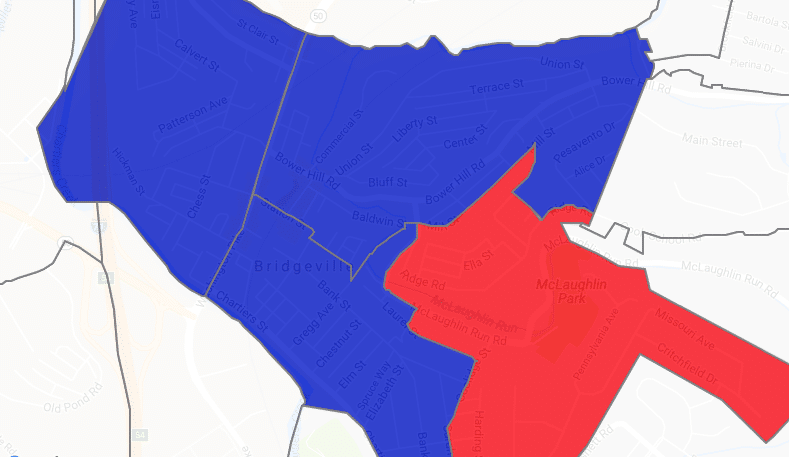 a screen capture of the 2017 bridgeville electoral map showing three precincts blue for democrat and one red for republican