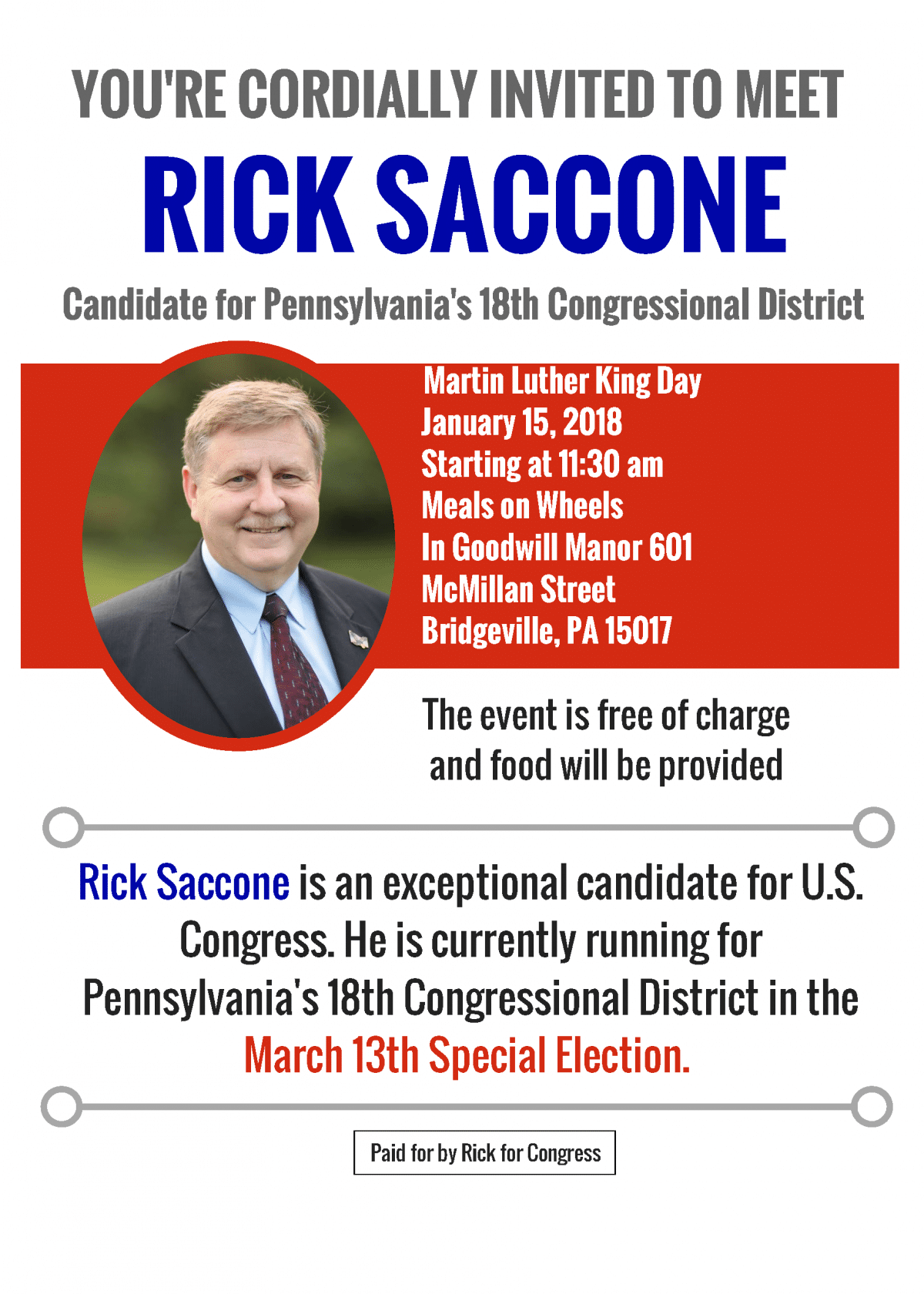 U.S. Congressional candidate Rick Saccone is holding a meet and greet at Goodwill Manor in Bridgeville at 11:30 a.m. on Jan. 15, 2018.