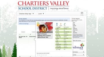 A screen capture of Chartiers Valley's Nutrislice online menu system.