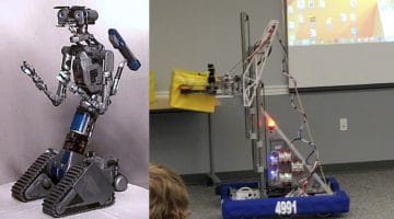 A photo of the "Johnny 5" robot from "Short Circuit" displayed next to a photo of the Chartiers Valley robotics team's robot.