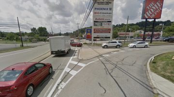 Vehicles merge from Chartiers Valley Shopping Center onto Washington Pike toward Bridgeville. Photo: Google Maps
