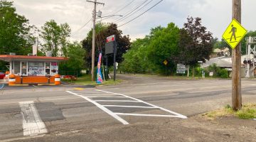 The new crosswalk and pedestrian crossing sign in front of the Dari-Delite on Bower Hill Road